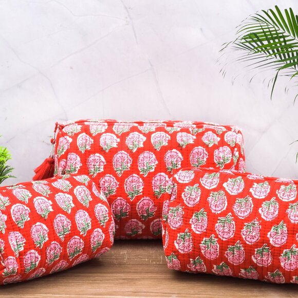 100% Cotton Toiletry Bag Floral Print Toiletry Red Color Bag Pack of 3 for Women Storage & Organization